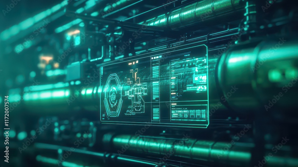 Aufkleber refinery complex, glowing pipelines with holographic controls, ai robots working on maintenance, bri