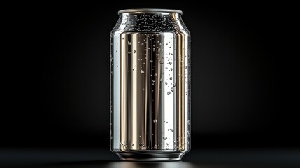 A shiny, silver soda can with bubbles against a dark background.