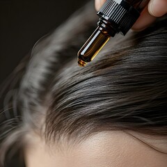 Fototapeta premium A close-up of a drop of hair serum glistening on a strand of hair, emphasizing shine and nourishment, with a soft, clean background.