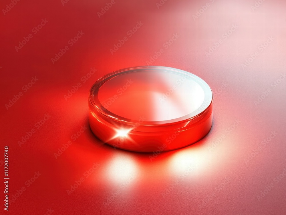 Leinwandbilder a round, reflective red button on a smooth surface, emitting a soft glow.