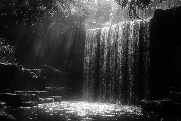 Sunbeams Illuminate Serene Waterfall Cascading Through Rocks