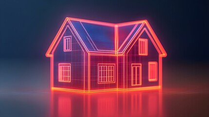 Futuristic Digital House Design Featuring Neon Lines and Geometric Patterns in a Dark Background