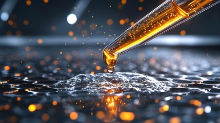 Close-Up of a Glass Dropper Releasing Viscous Liquid onto a Reflective Surface with Shimmering Particles in a Dramatic Lighting Environment