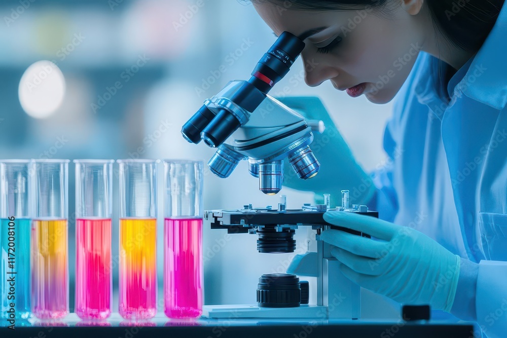 Poster focused scientist in laboratory gazing through microscope surrounded by scientific equipment and res