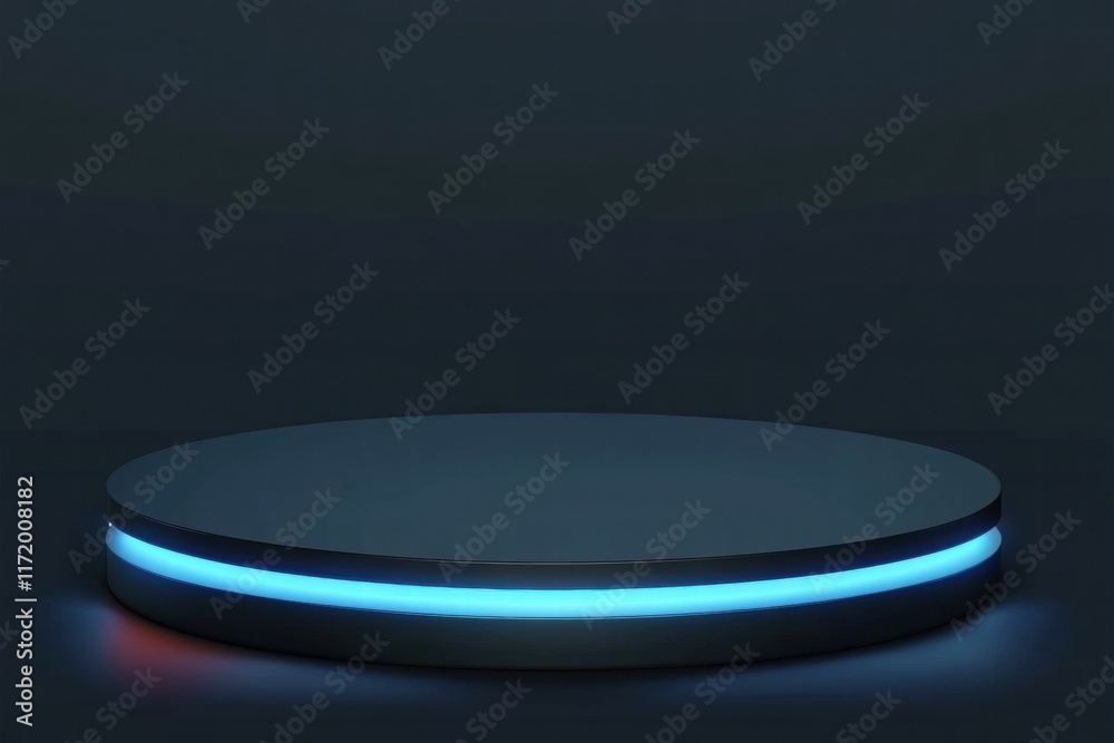 Aufkleber a minimalist circular platform with blue lighting in a dark environment.