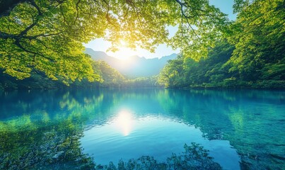 Obraz premium Serene lake nestled beneath lush green trees, reflecting a vibrant sunrise.