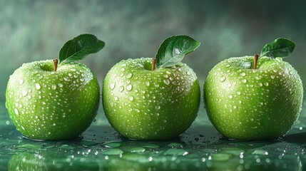 Close-up of fresh green apples with vibrant glowing highlights