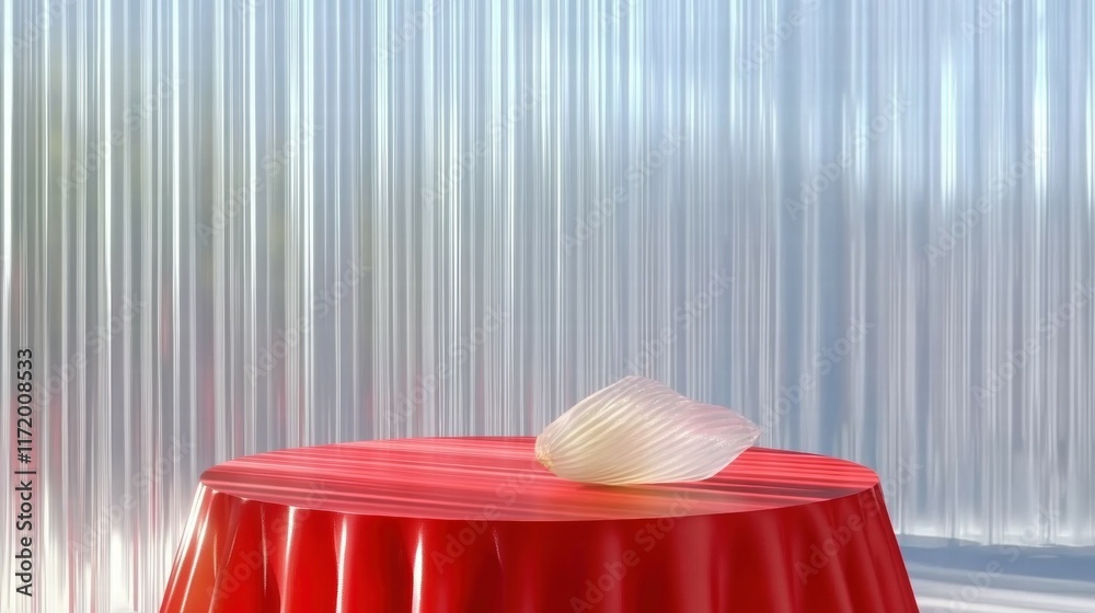 Poster A smooth, shell-like object rests on a red tablecloth against a backdrop of vertical lines.