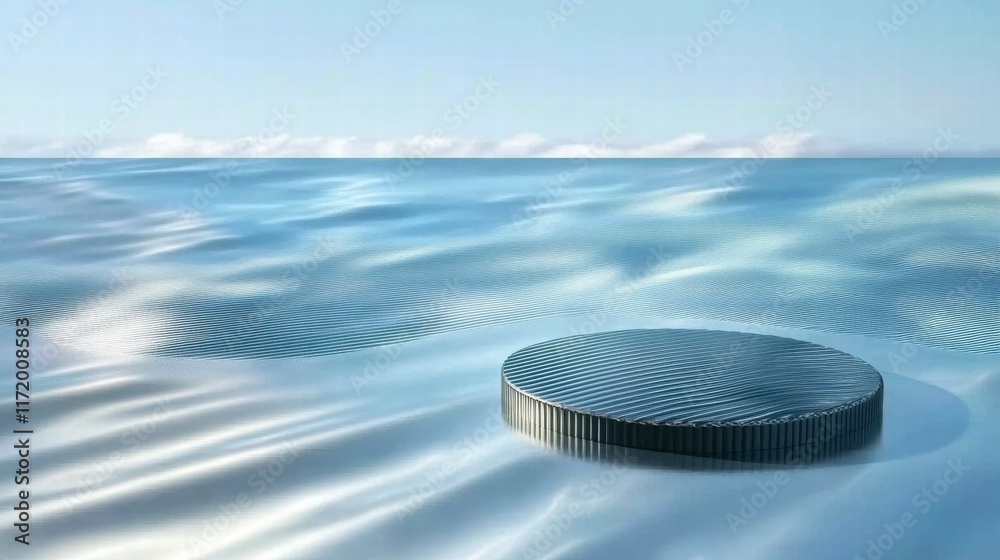 Fototapete a serene ocean scene featuring a large, circular structure floating on calm water.
