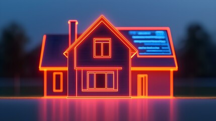 Modern Digital Home Design with Neon Outline Against a Twilight Background Showcasing Technological Integration and Innovation