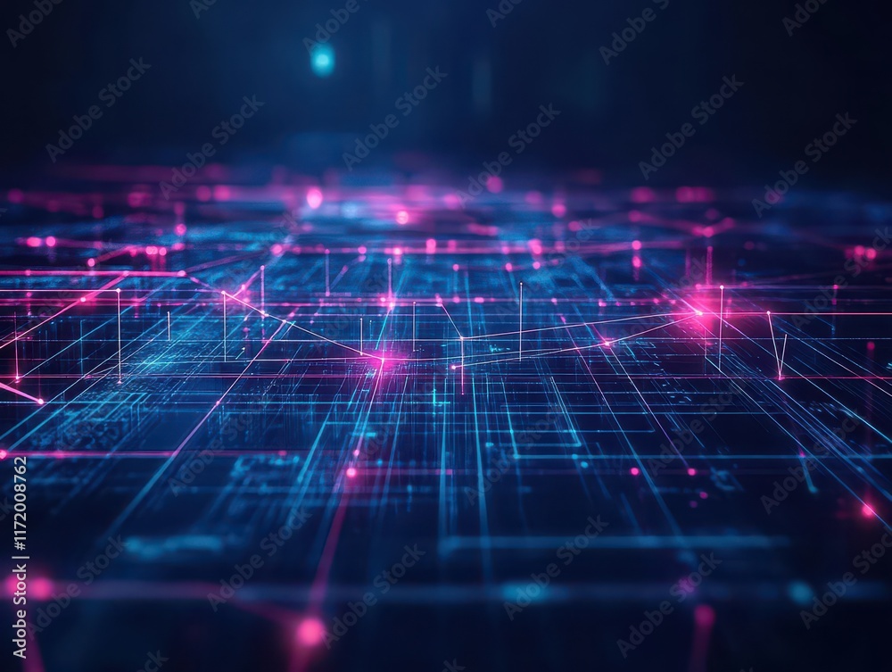 Aufkleber smart grid infrastructure with glowing digital lines connecting city buildings, holographic interfac