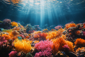 Obraz premium Vibrant Coral Reef Illuminated By Sunlight Underwater Scene