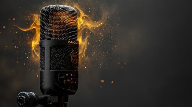 Studio microphone with dramatic fire effect.