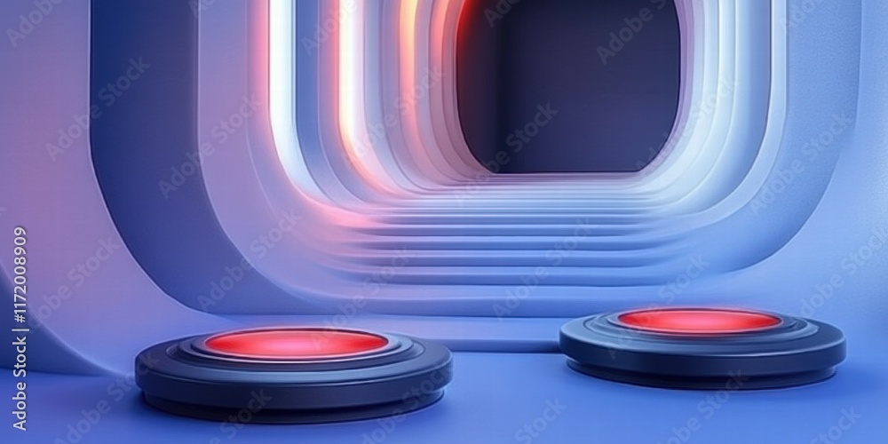 Aufkleber A futuristic corridor with illuminated arches and two glowing red buttons.