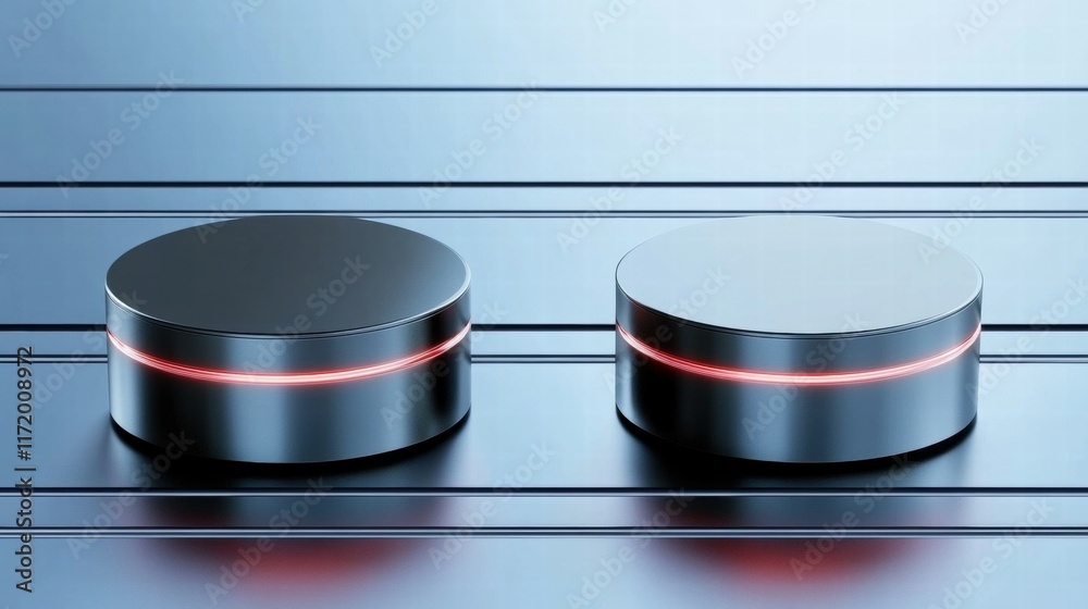 Aufkleber two sleek, metallic buttons with glowing red lines on a smooth surface.