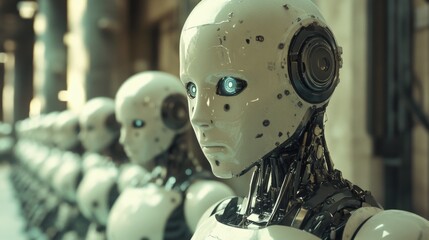 Fototapeta premium Group of humanoid robots in a futuristic laboratory