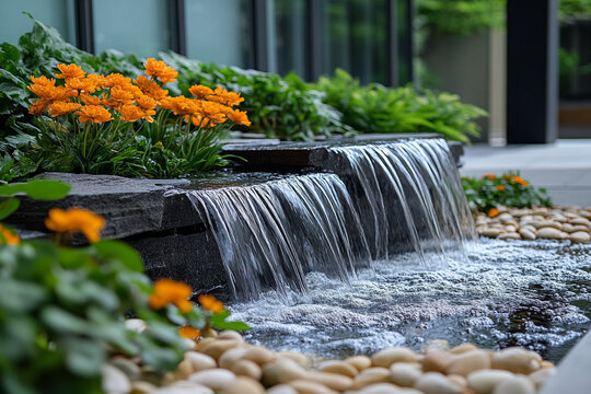 Serene cascading water feature with orange flowers