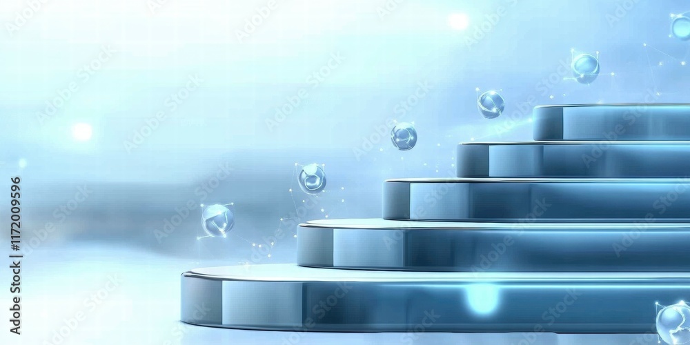 Leinwandbilder a stylized image of layered platforms with floating orbs, evoking a futuristic ambiance.