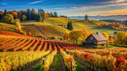 Obraz premium Dundee, Oregon: Panoramic autumn vineyard. Vibrant fall colors paint the wine country landscape.