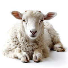 Obraz premium Fluffy lamb lying down, white background, farm animal, agricultural image.