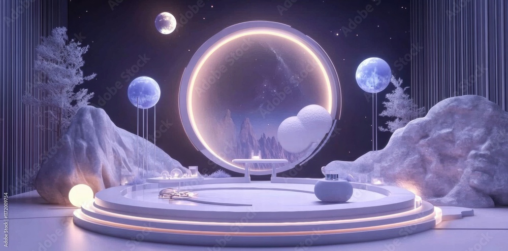 Aufkleber A serene, futuristic landscape with celestial elements and minimalist design.