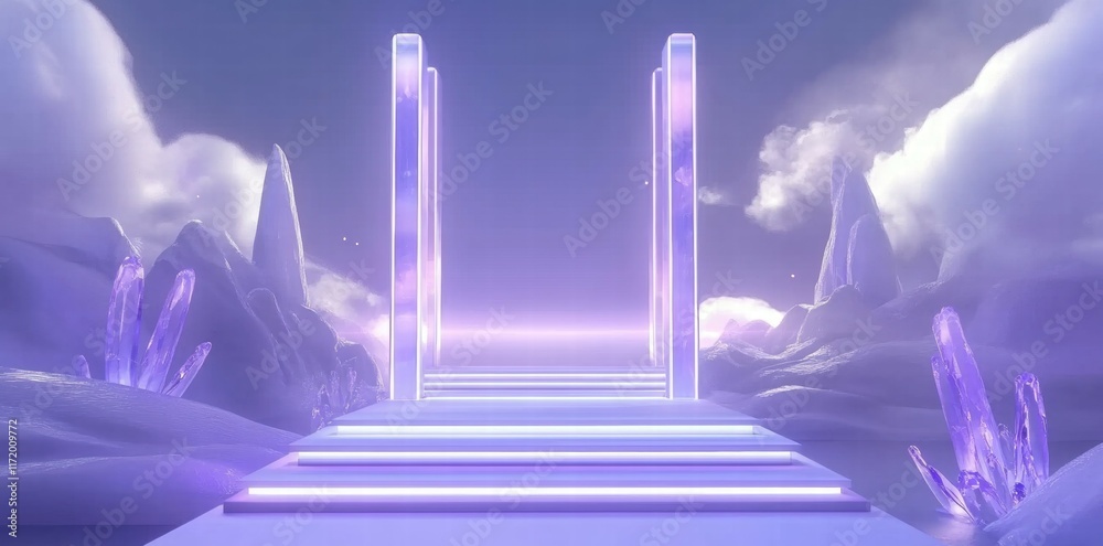 Poster a serene pathway illuminated by glowing structures, leading through a mystical landscape.