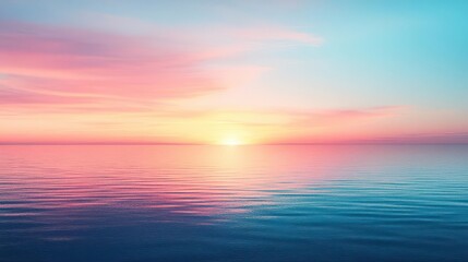 Fototapeta premium Sunset gradients over a tranquil ocean, vibrant sky reflecting on water, shot from a wide-angle perspective