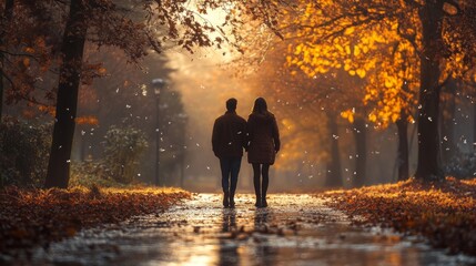 Fototapeta premium Two people walking in a park during autumn with orange leaves