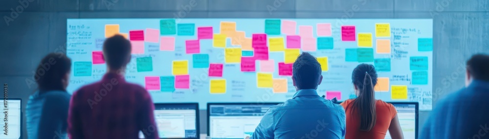 Poster Group of people engaged in creative brainstorming session while examining colorful sticky notes on a wall fostering collaboration and innovation