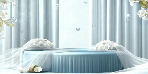 A serene display featuring a light blue cake surrounded by white flowers and draped fabric.
