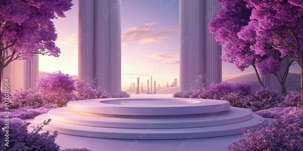 Poster a serene, purple-hued landscape with columns and a circular platform overlooking a city.
