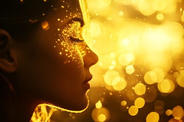 Stunning profile of a woman illuminated by golden sparkles at sunset during a magical event. Generative AI