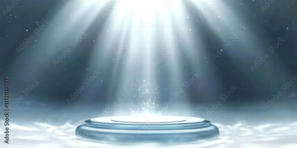 Poster a serene light beam illuminates a circular platform in a misty environment.