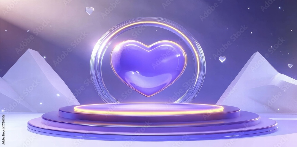 Poster a glossy purple heart in a circular frame on a stage with a starry background.