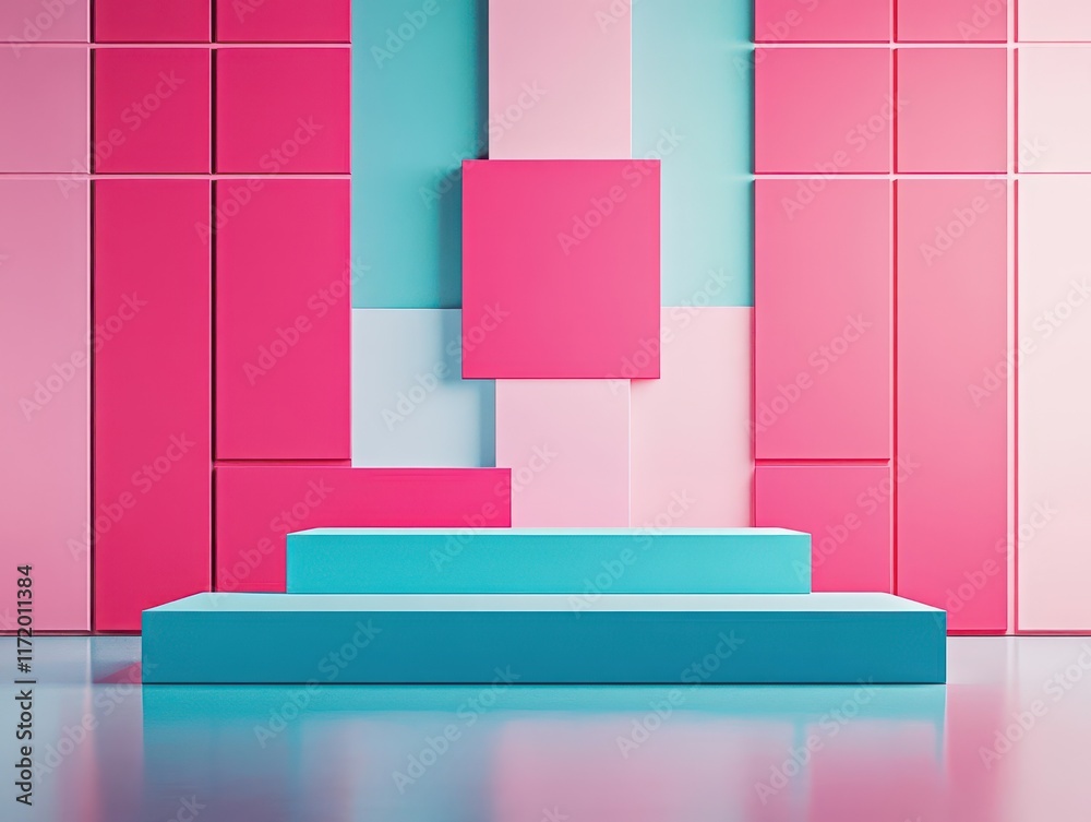 Aufkleber vibrant pink and blue wall with complementary blue bench creating a playful and inviting urban space