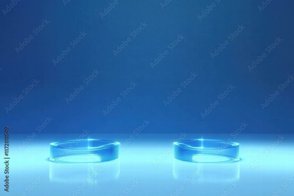Leinwandbilder two transparent circular objects on a reflective surface with a blue background.