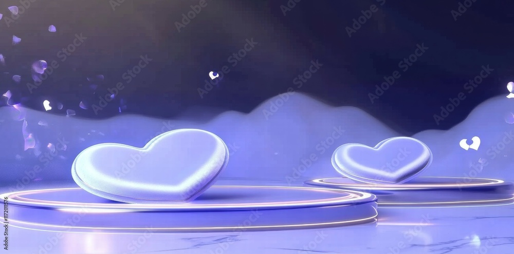 Poster two glowing heart shapes on circular platforms against a dreamy background.