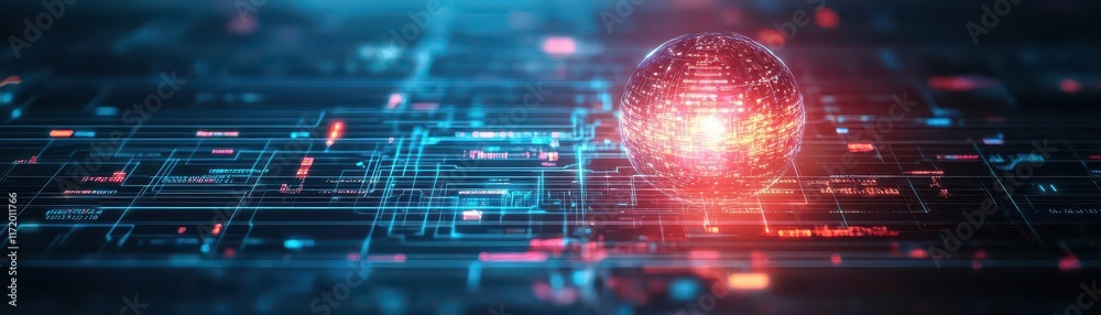 Poster Futuristic Coin Glowing Brightly Against a Complex Digital Background Representing Advanced Technology and Modern Financial Concepts of Tomorrow