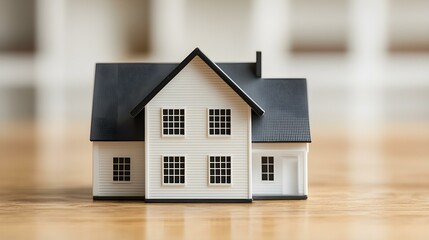 Detailed miniature model of a traditional house with a black roof and white walls on a wooden surface