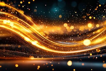 Fototapeta premium Vibrant streaks of radiant light dance gracefully against a deep, shadowy backdrop, each dot and line blending seamlessly with the bokeh to create a mesmerizing display of color and movement.