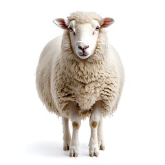 Fototapeta premium Fluffy sheep portrait, farm animal, white background, agriculture.