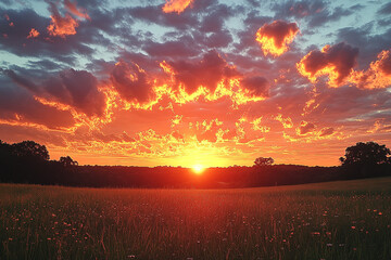 Fototapeta premium Fiery Sunset Over a Field of Wildflowers
