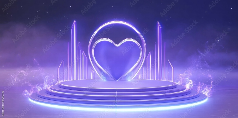 Poster A glowing heart-shaped structure on a circular stage with a mystical atmosphere.