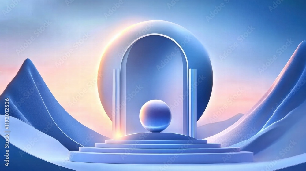 Poster a serene abstract landscape featuring geometric shapes and soft colors.