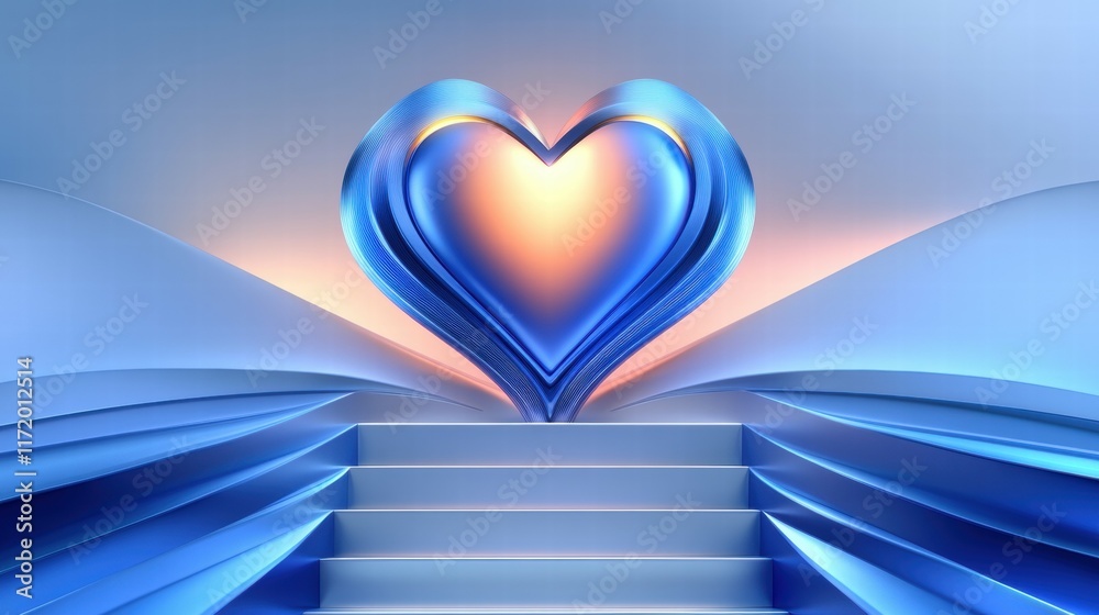 Poster a stylized heart shape in blue tones, illuminated, set on steps against a gradient background.