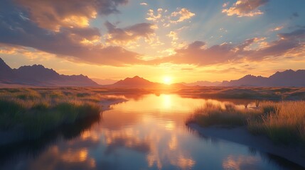 Fototapeta premium Sunset reflection over tranquil lake mountain landscape nature