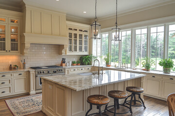 Elegant Kitchen Island With Granite Countertops And Wood Stools