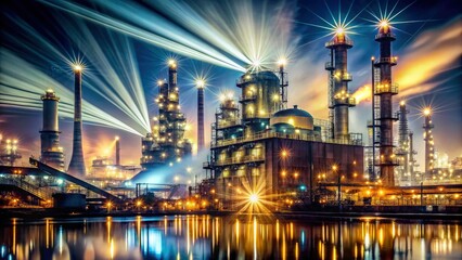 Fototapeta premium Heavy industry double exposure. PNG background. Steel mill, factory, power plant imagery.