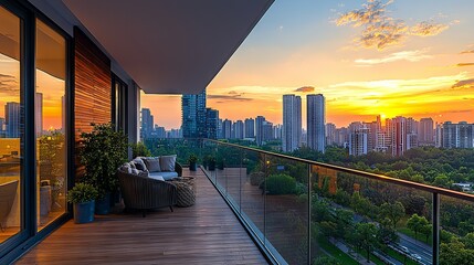 Fototapeta premium Modern Balcony with Stunning City Sunset View