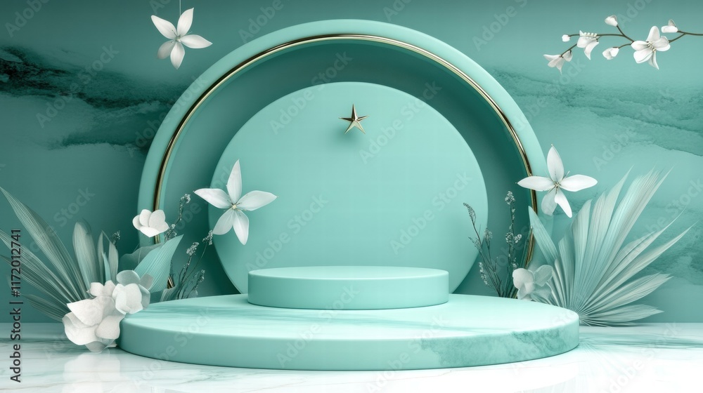Poster A serene display featuring circular podiums and floral elements in a calming teal setting.